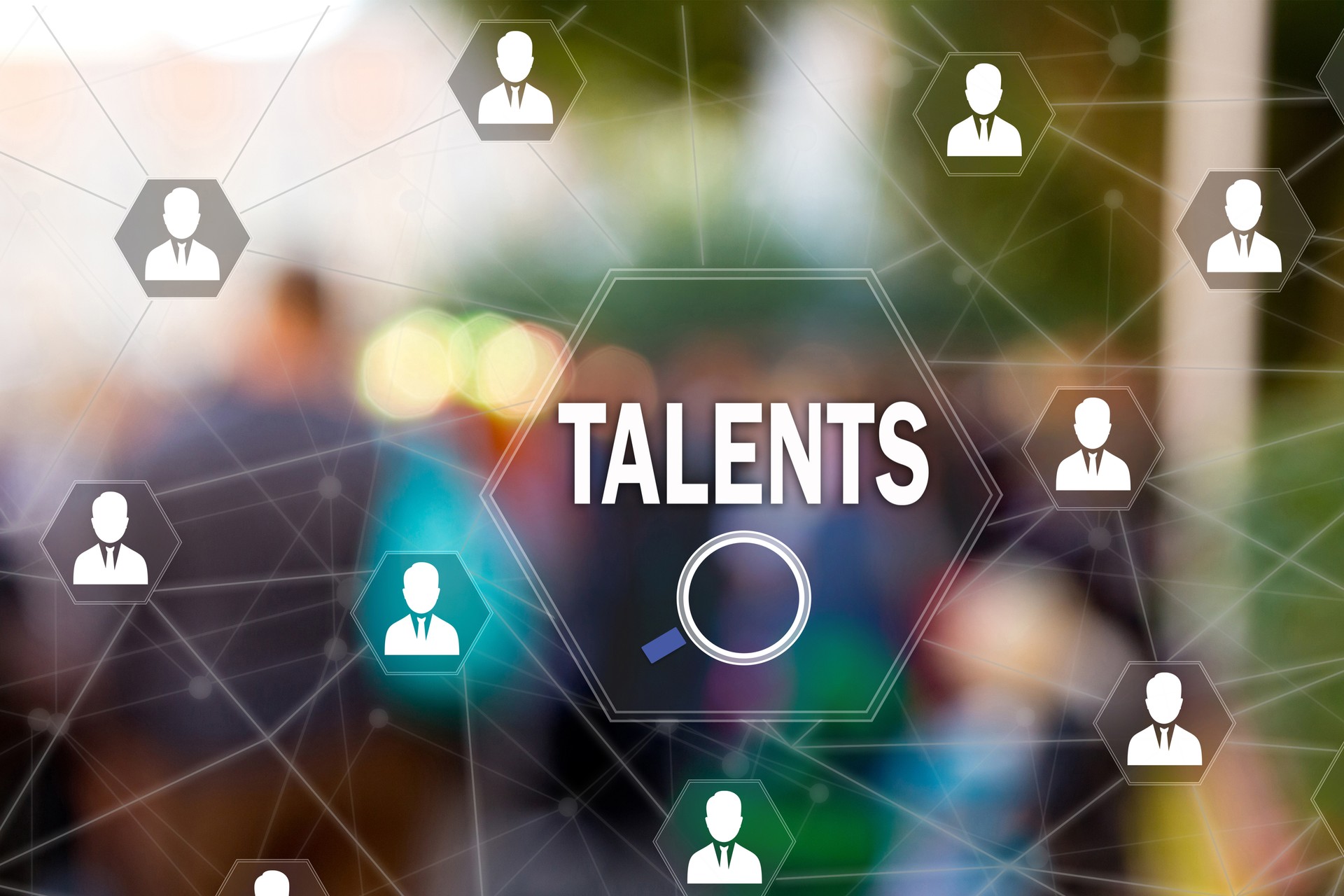 Search Talented employees, Human Resources on the touch screen to the network, on people blur background. Concept of search for talented employees, programmers